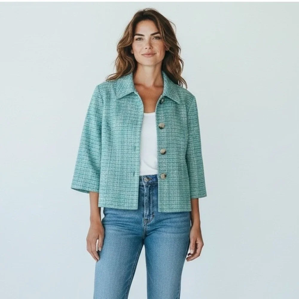 Vintage Mod Coastal Grandmacore Tweed Jacket L Boxy Teal Blue Yellow Woven Poly